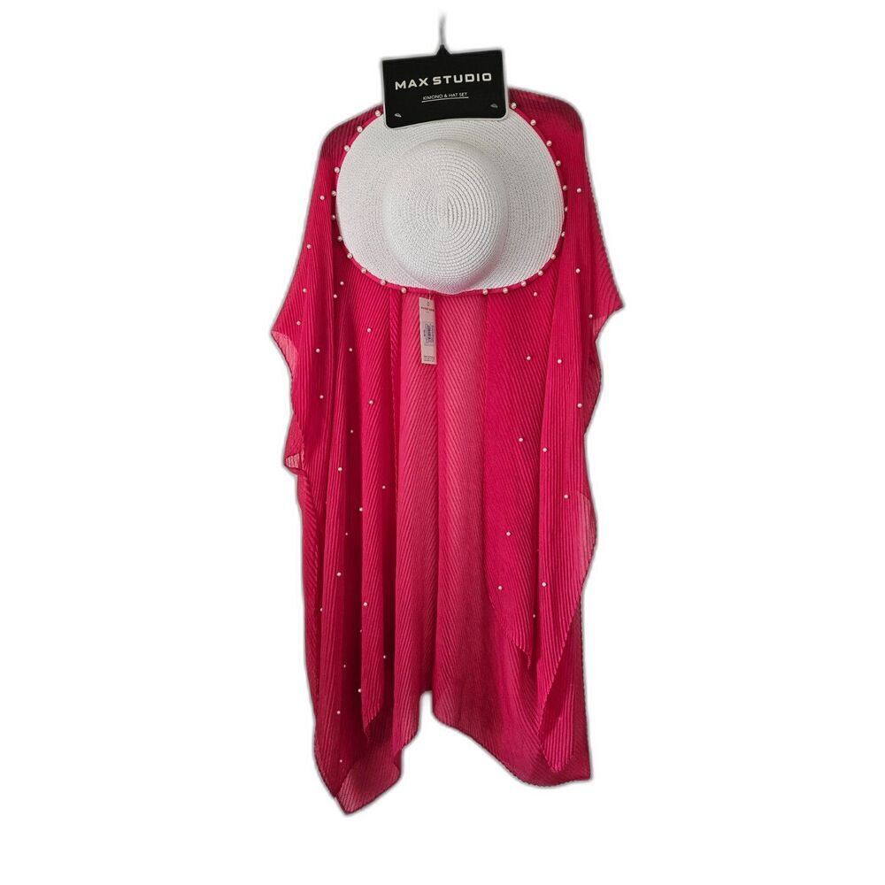 MAX STUDIO Bright Pink and White Sunhat and Coverup Set Pearls One Size NWT